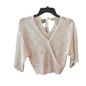 Hippie Rose women’s tie back, open weave wrap sweater, wide sleeves SZ XS cream